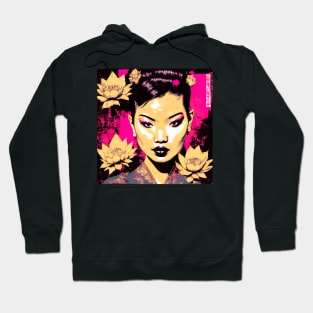 [AI Art] Nonexistent Asian woman with lotus flowers in the spirit of the works of Herman Brood Hoodie